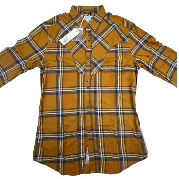 New Diesel Men US S Cowboy Shirt Brown Plaid Long Sleeve Snap Button Down - Picture 4 of 9